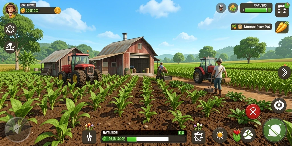 Tampilan gameplay <strong>RATU303</strong> yang memukau saat merawat ladang pertanian.